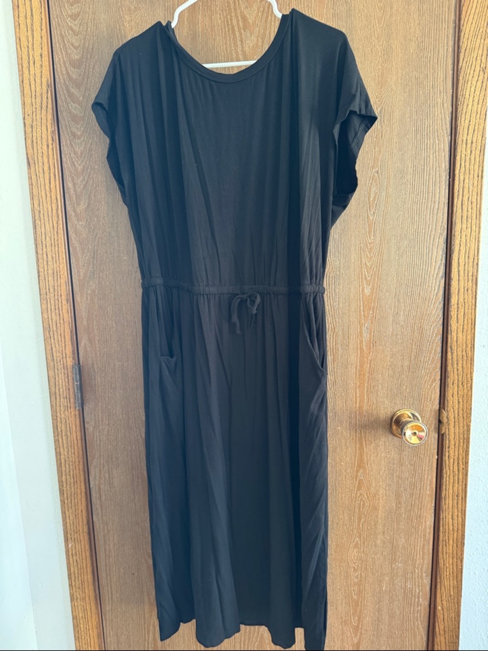 Black Short-Sleeve Drawstring Waist Mini Dress